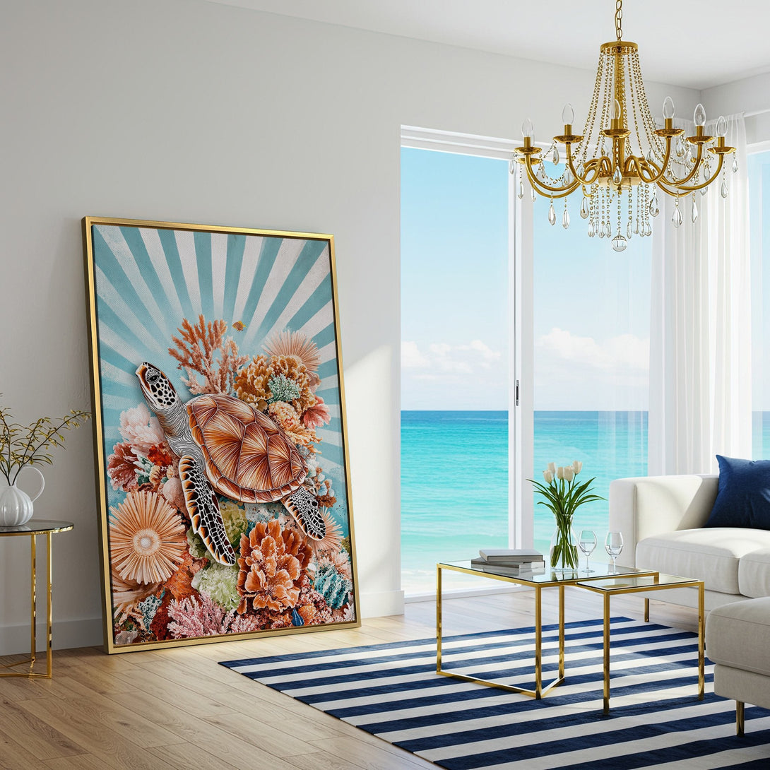 Canvas Print featuring a sea turtle with coral reef art, displayed in a bright, coastal-style interior. Warm, earthy tones with pops of blue.
