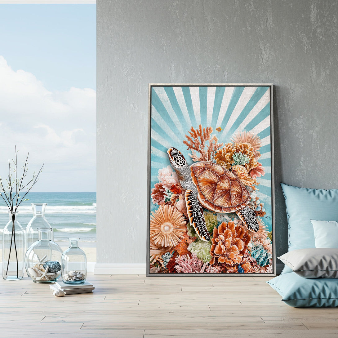 Framed Wall Art featuring a sea turtle and coral reef. Coastal style art in a blue, orange, and teal color palette. Perfect for beach house decor.