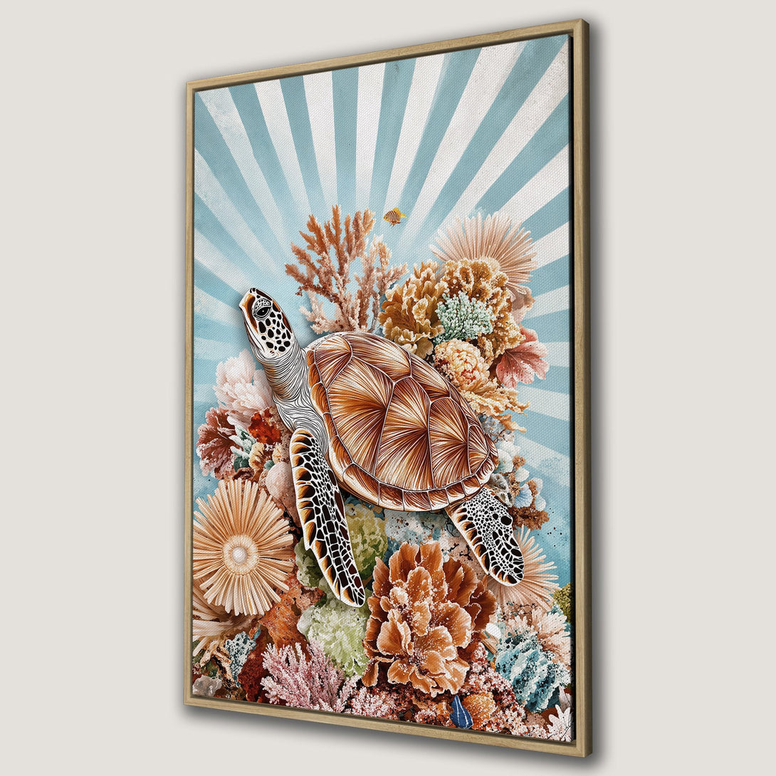 Framed Wall Art: Sea turtle art print with vibrant coral reef design. Coastal decor in a warm, earthy color palette. Perfect for a beachy vibe.