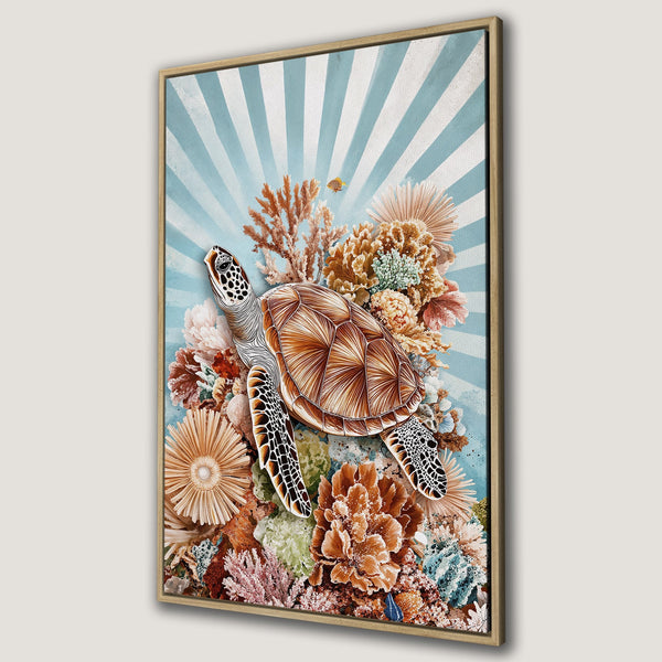 Framed Wall Art: Sea turtle art print with vibrant coral reef design. Coastal decor in a warm, earthy color palette. Perfect for a beachy vibe.