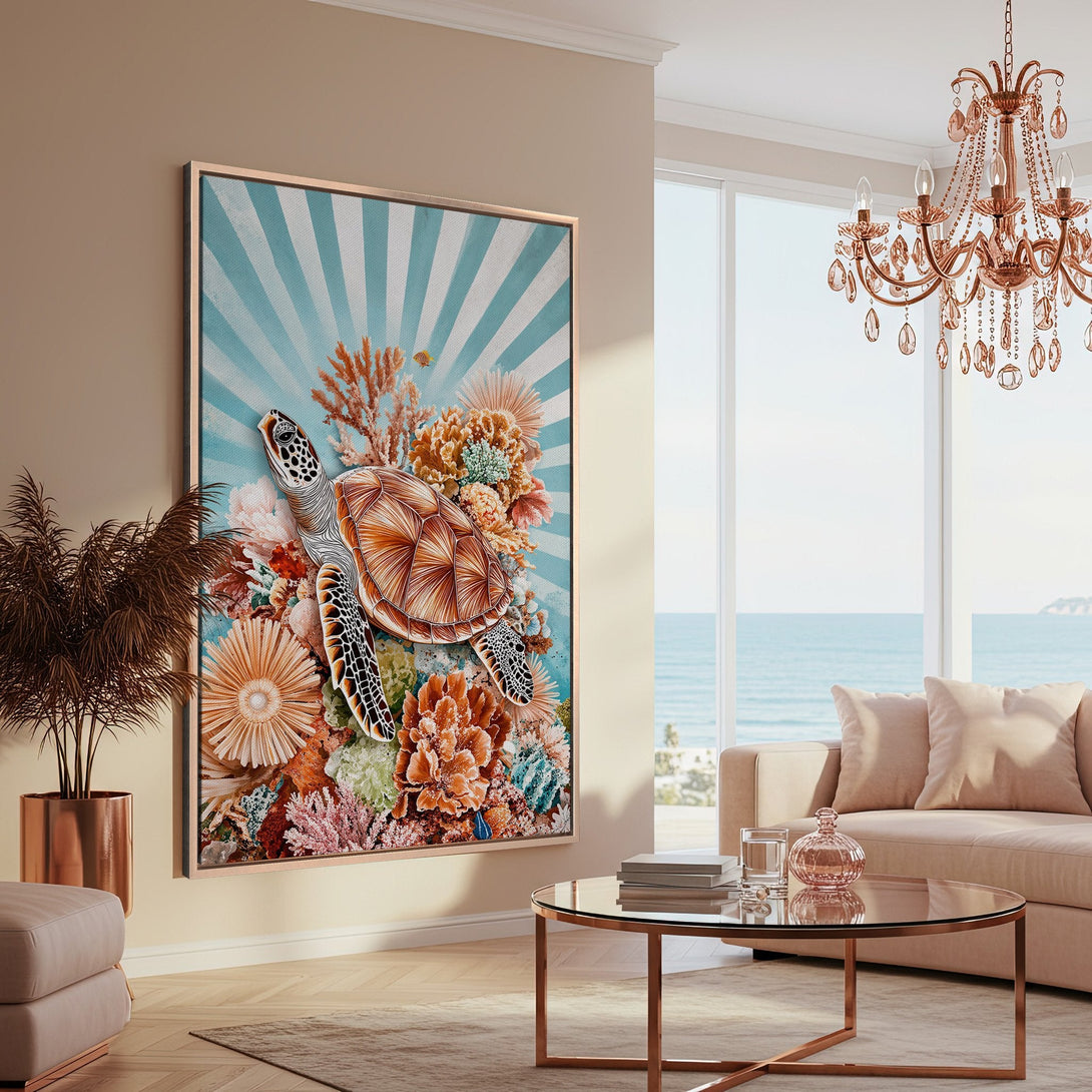 Framed Wall Art: Coastal-themed Canvas Print featuring a sea turtle, vibrant coral reef, and a calming blue and earth-tone palette. Perfect for adding a touch of the ocean to your home!
