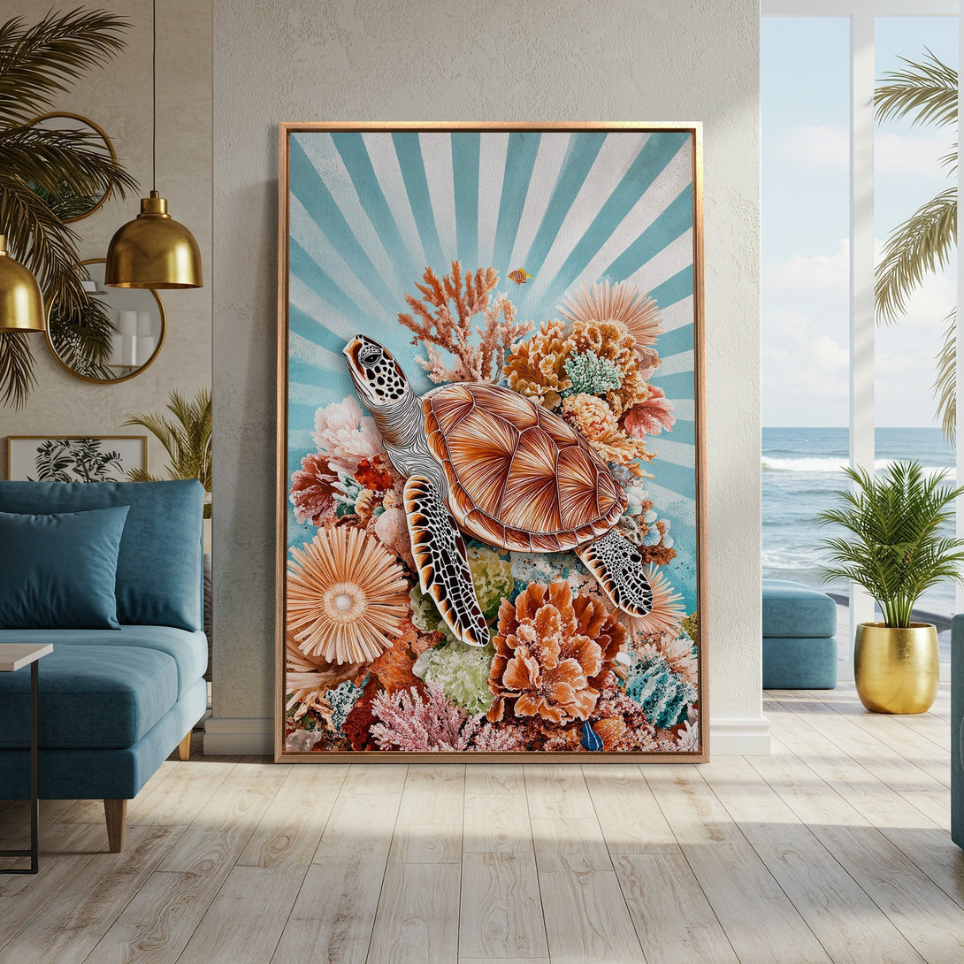 Framed Wall Art: Coastal turtle Canvas Print in a modern interior. Featuring a sea turtle and coral reef, with a blue, orange, and teal color palette.