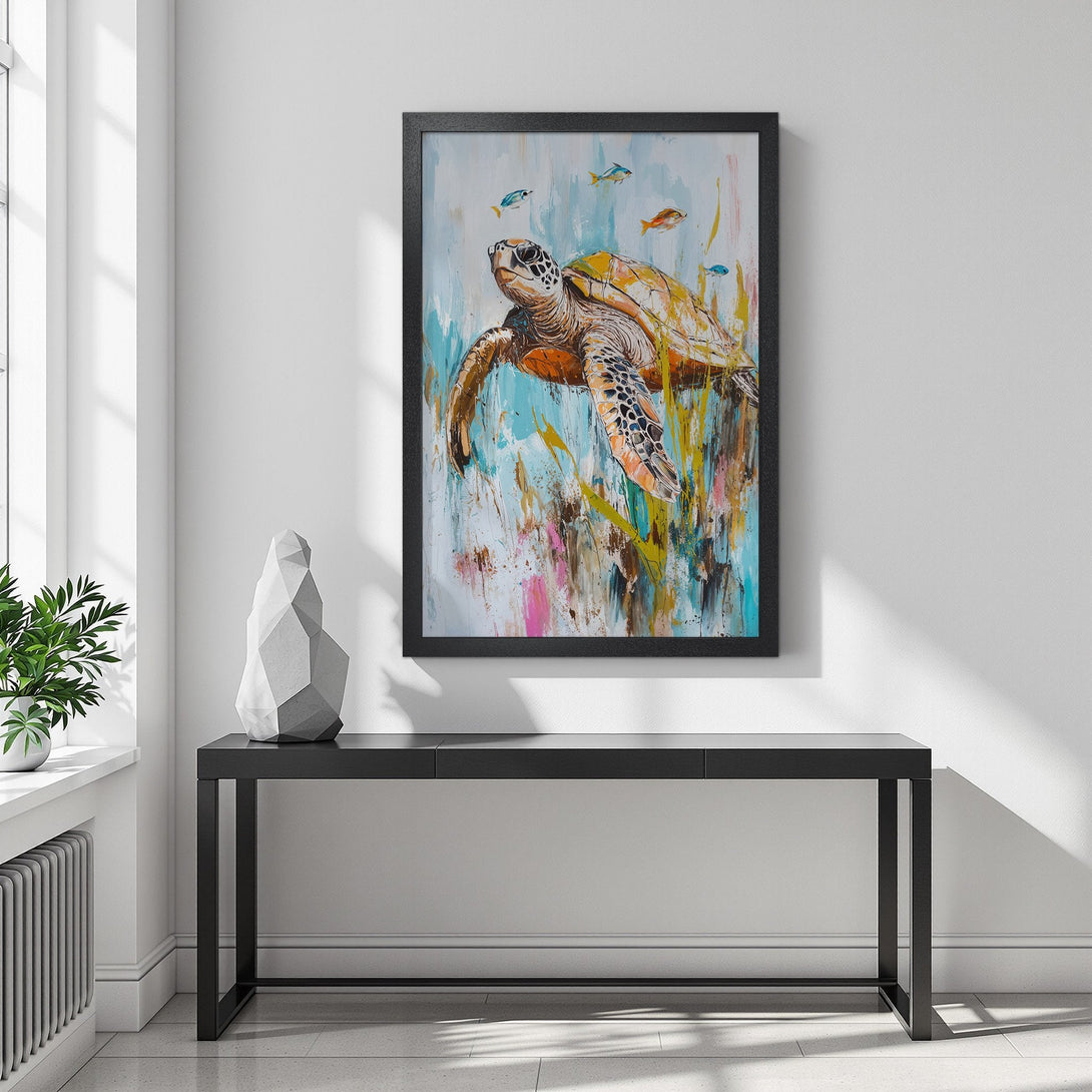Framed Poster featuring a sea turtle in an abstract style with a blue, orange, and yellow color palette. Perfect wall art!