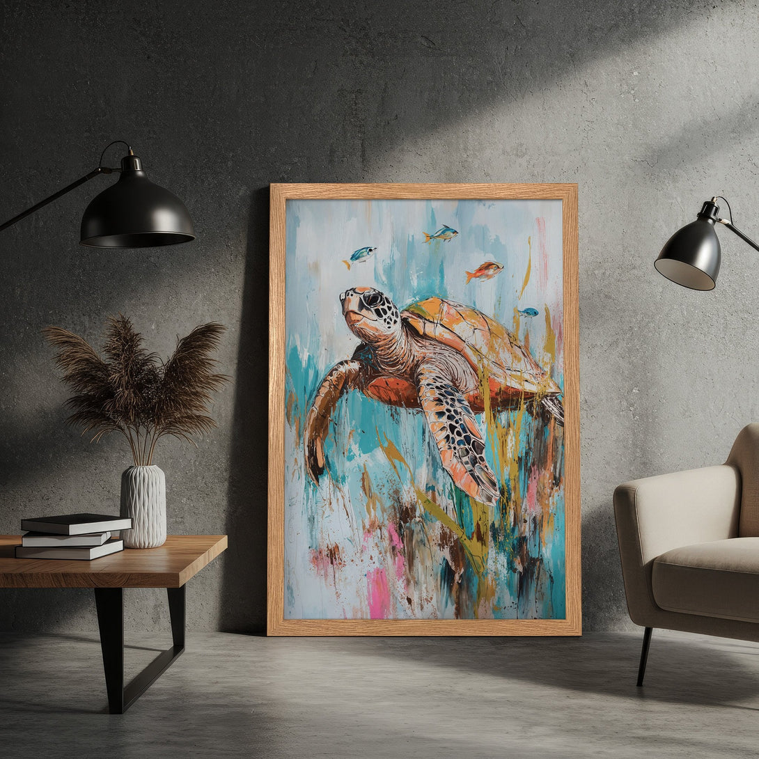 Framed Poster featuring a vibrant sea turtle in an abstract style with a blue, orange, and teal color palette. Perfect wall art!