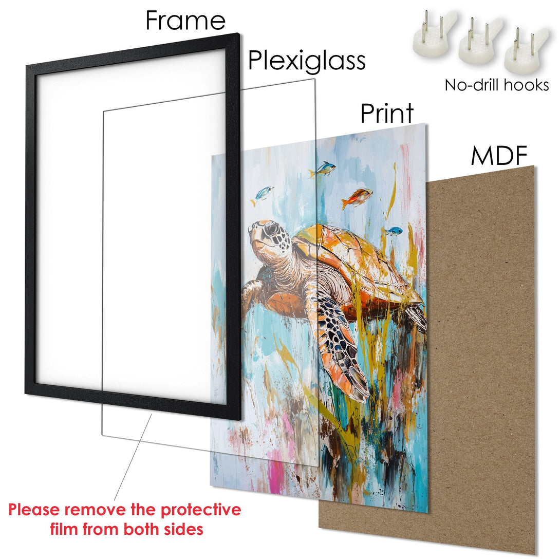 Framed Poster featuring a sea turtle in an abstract style with a blue, orange, and teal color palette. Perfect wall art!