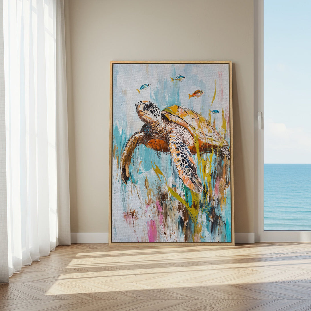 Framed Wall Art: Stunning turtle painting in vibrant blues, yellows, and oranges. Coastal-inspired artwork adds a touch of nature and style to any space.