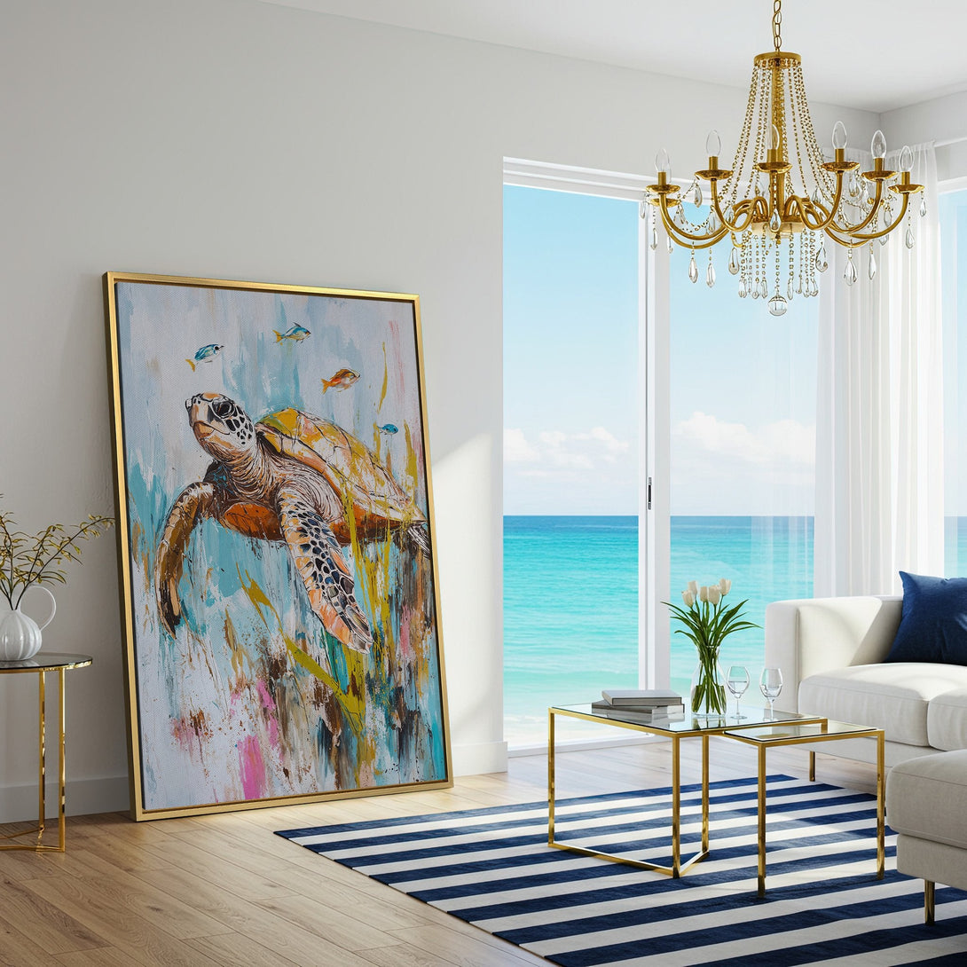 Canvas Print of a sea turtle swimming, vibrant abstract art in blue, orange, and turquoise colors, perfect coastal decor.