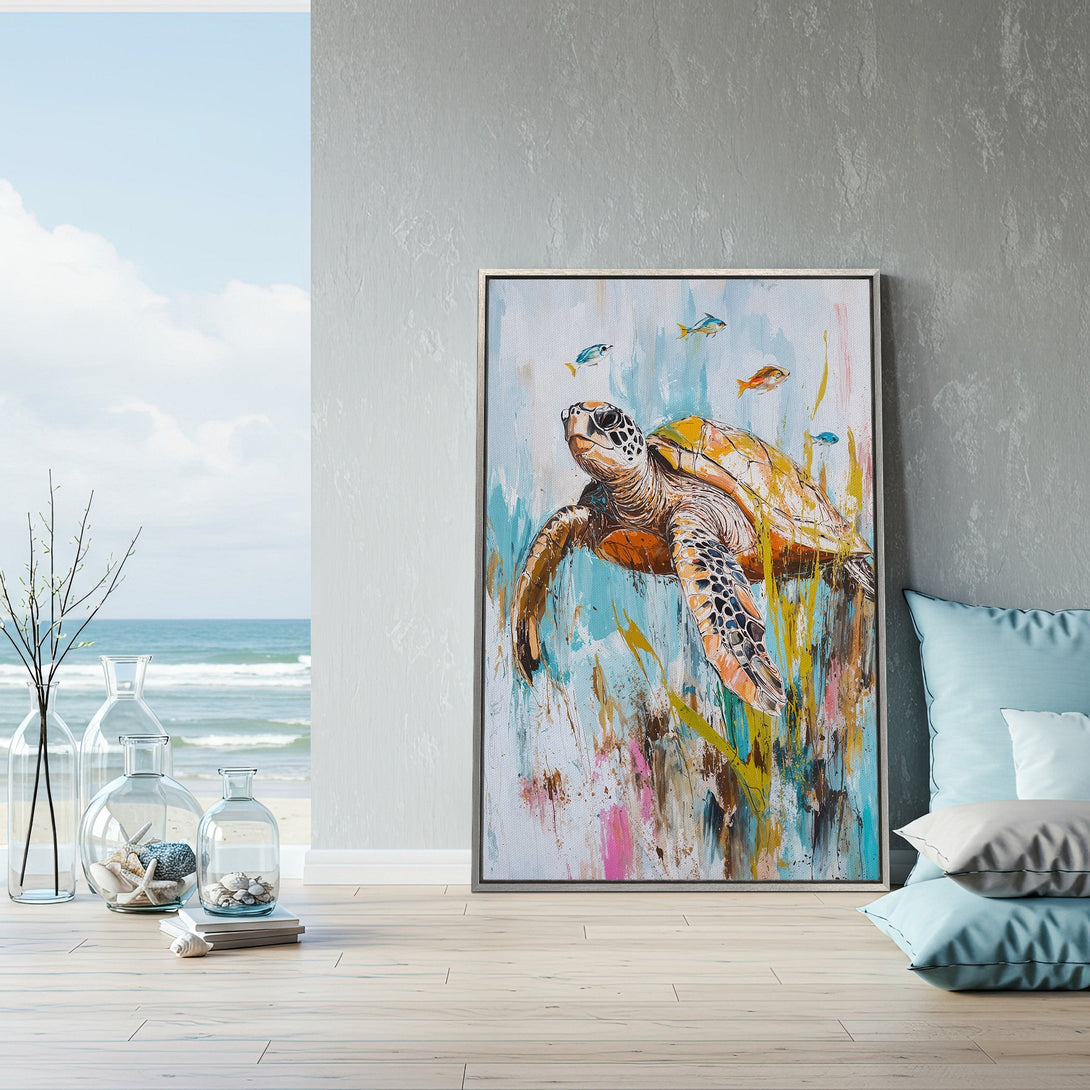 Framed Wall Art of a sea turtle in an abstract style, featuring a warm color palette. Perfect coastal decor for your home!