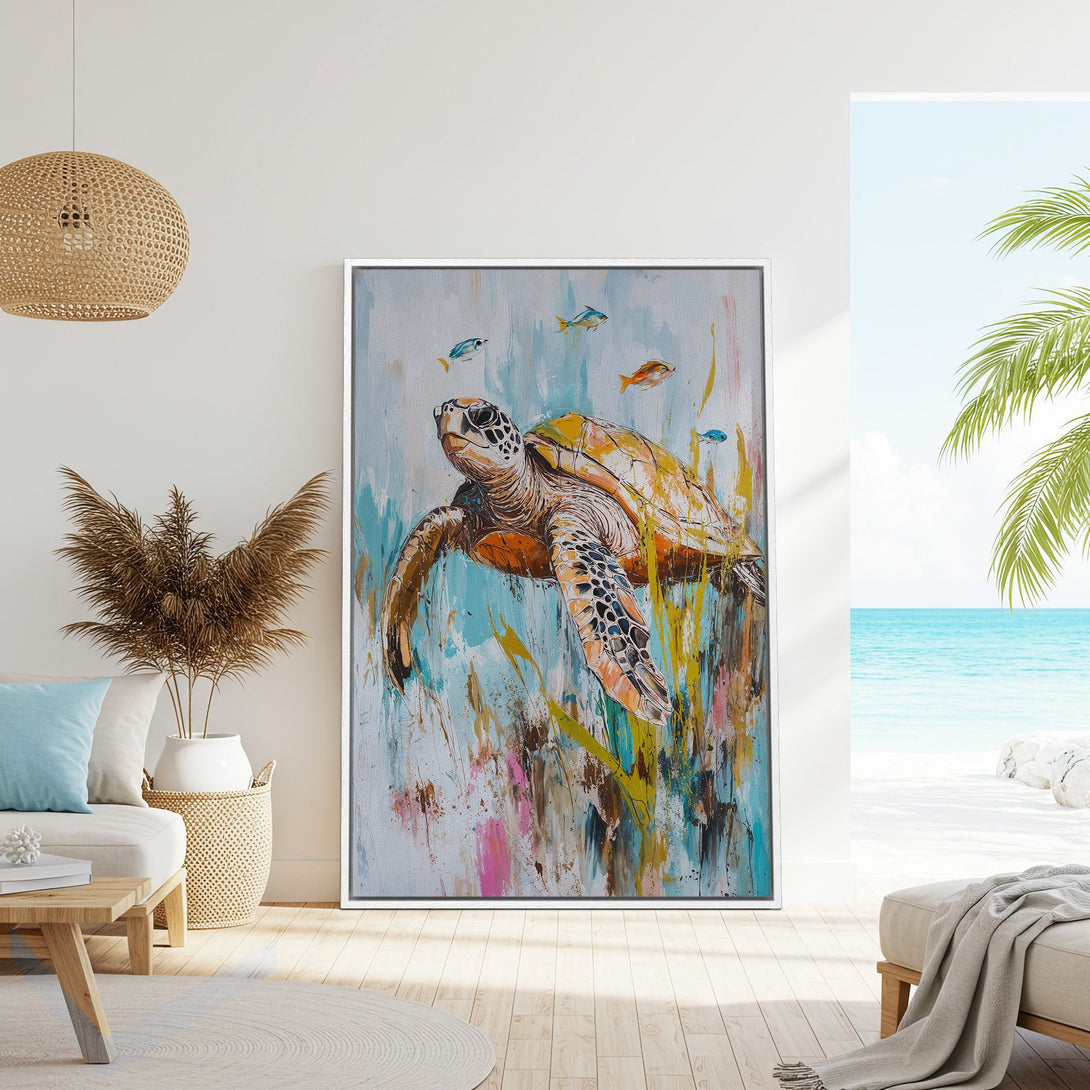 Framed Wall Art: Abstract sea turtle canvas print with vibrant blues, yellows, and oranges. Coastal art for a relaxed, stylish home.