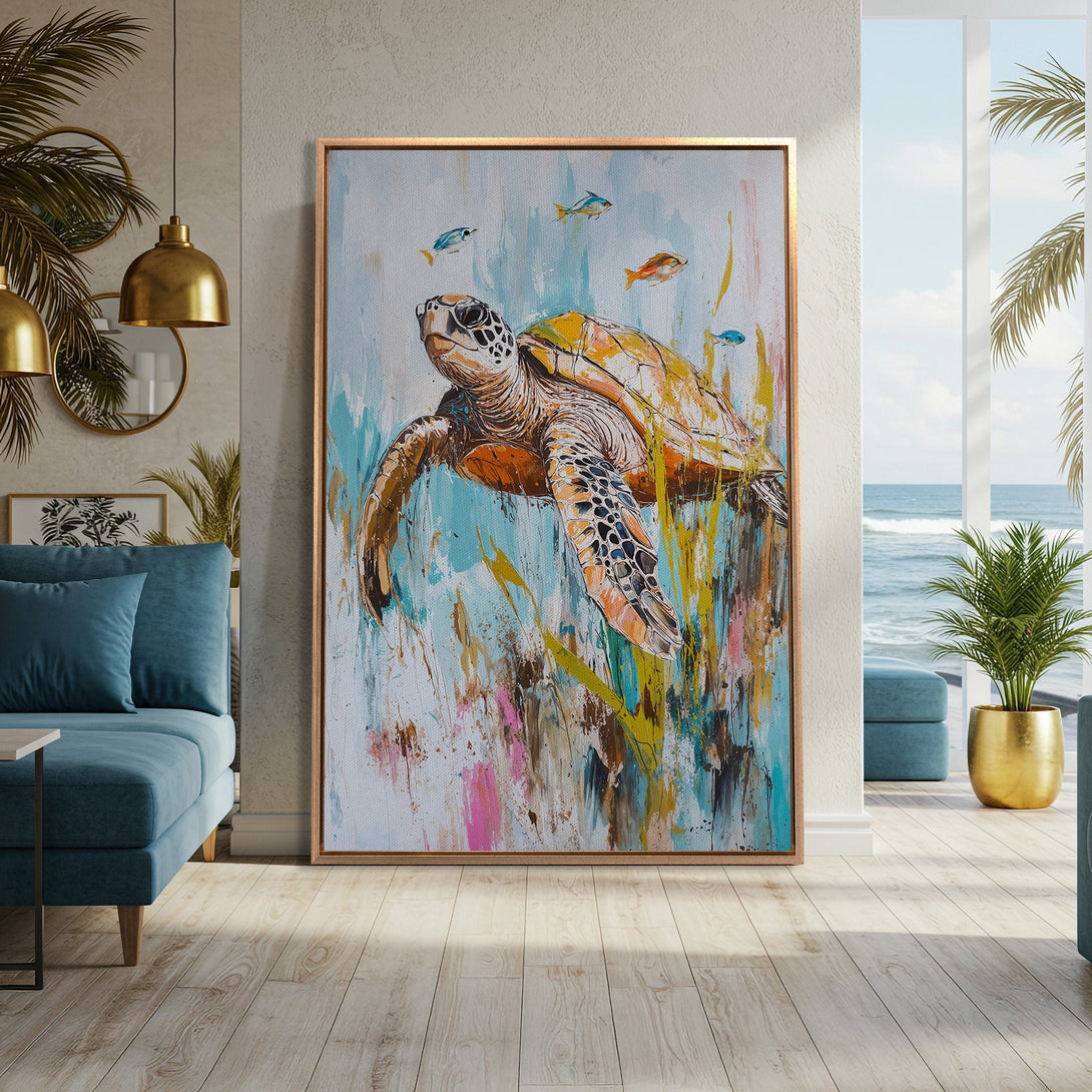 Framed Wall Art: Abstract sea turtle painting in a coastal home. Blue, teal, orange and yellow color palette. Perfect for adding a touch of the ocean.