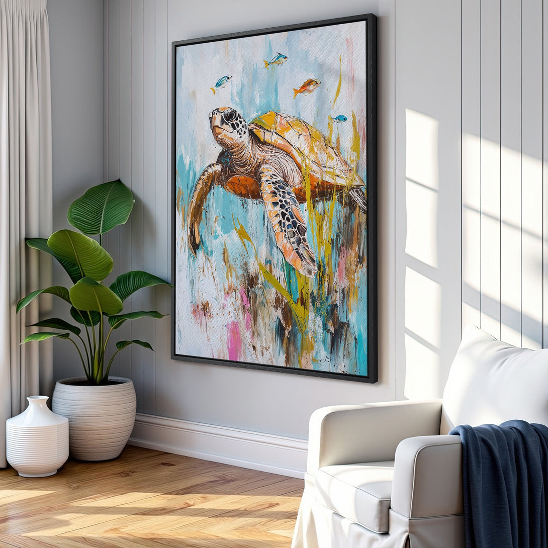 Framed Wall Art: Abstract turtle painting with vibrant blues, oranges, and yellows. Coastal-inspired artwork perfect for living room decor.