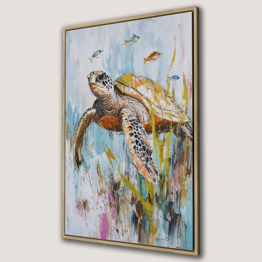 Framed Wall Art: Abstract sea turtle canvas print in vibrant blues, yellows, and browns. Coastal artwork perfect for adding a touch of the ocean to your home.
