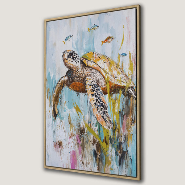 Framed Wall Art: Abstract sea turtle canvas print in vibrant blues, yellows, and browns. Coastal artwork perfect for adding a touch of the ocean to your home.