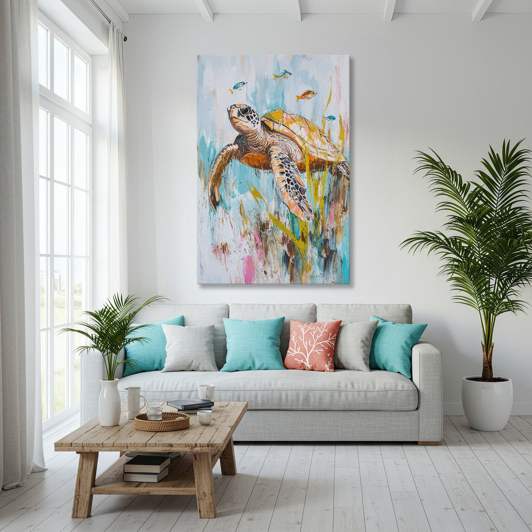 Framed Wall Art: Coastal-themed Canvas Print featuring a vibrant turtle painting in a gold frame. Blue, teal, and orange color palette adds a touch of serenity.