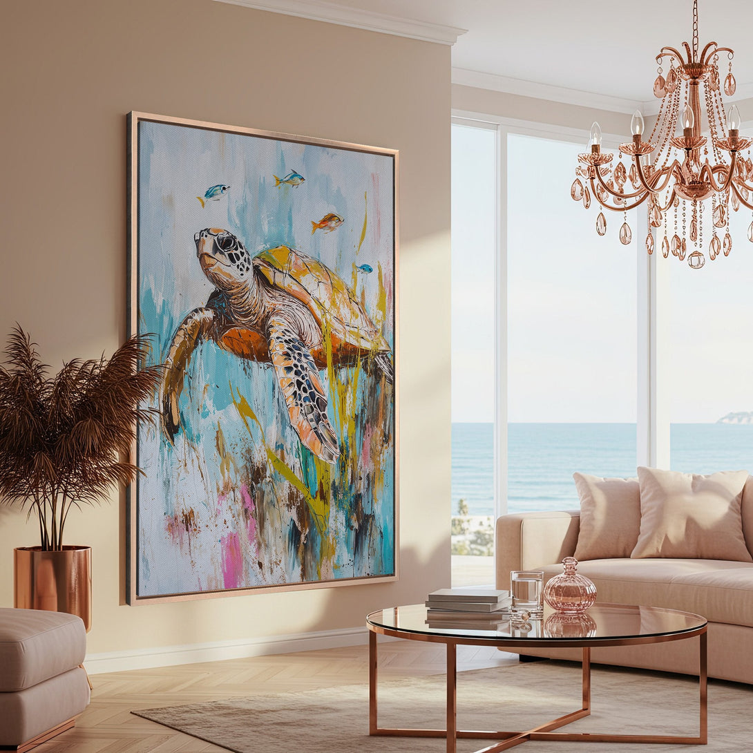 Framed Wall Art of a sea turtle in an abstract style with a blue, orange, and teal color palette, perfect for coastal decor.