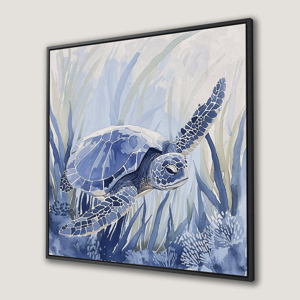 Framed Wall Art: Watercolor sea turtle print in blue tones. Coastal art perfect for any home. Bring the ocean to your walls!