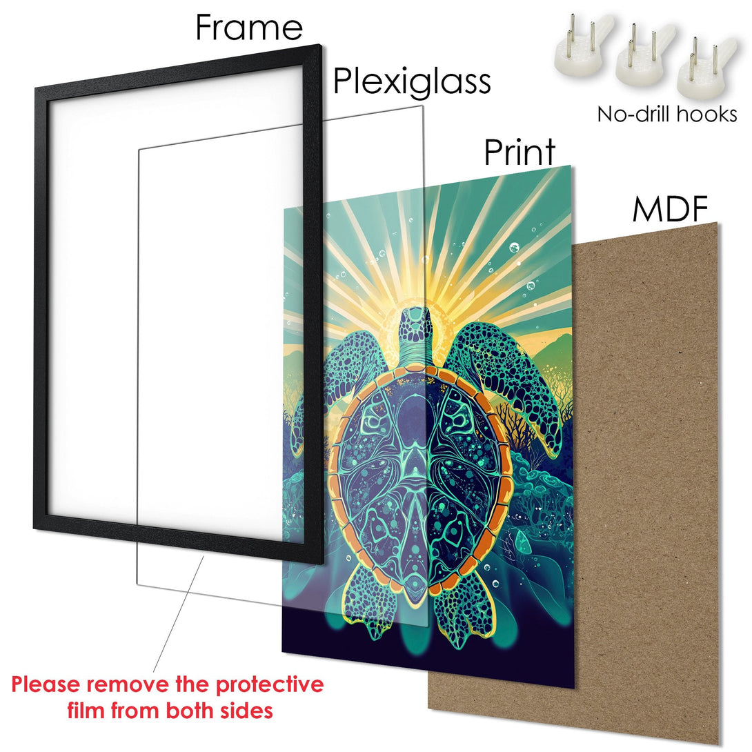 Framed Poster featuring a vibrant sea turtle illustration in teal, orange, and blue hues. Perfect wall art!