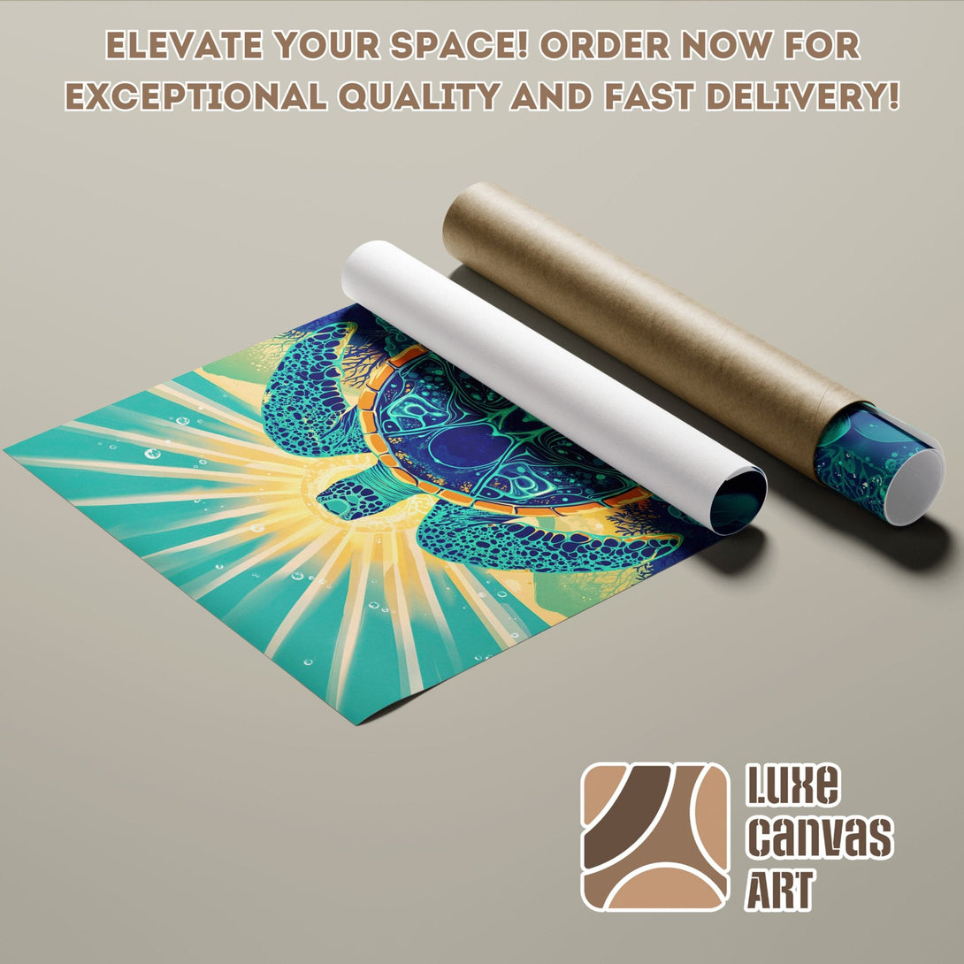 Poster Roll featuring a vibrant sea turtle art print. Blue, teal, and yellow color palette. Order now!