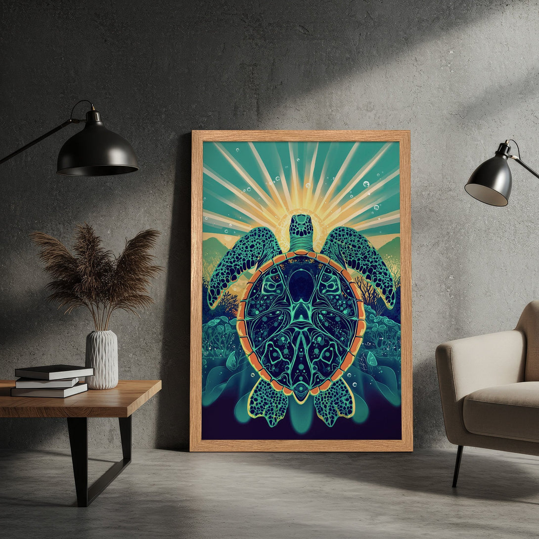 Framed Poster featuring a vibrant sea turtle art print. Modern style with teal, orange, and blue color palette. Perfect wall decor.