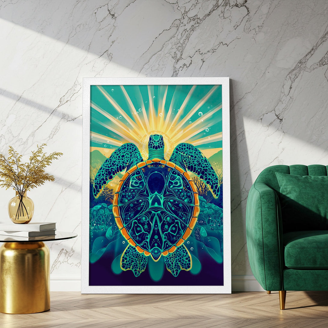 Framed Poster featuring a vibrant sea turtle illustration in teal, orange, and yellow. Perfect wall art for a coastal vibe.
