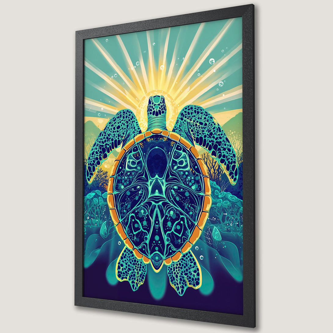 Framed Poster featuring a vibrant sea turtle illustration in a psychedelic style with a teal, blue, and yellow color palette. Perfect wall art!