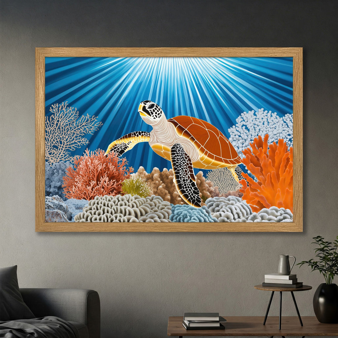 Framed Poster featuring a sea turtle swimming in a vibrant coral reef. Artistic style with a blue, orange, and beige color palette. Perfect wall art!