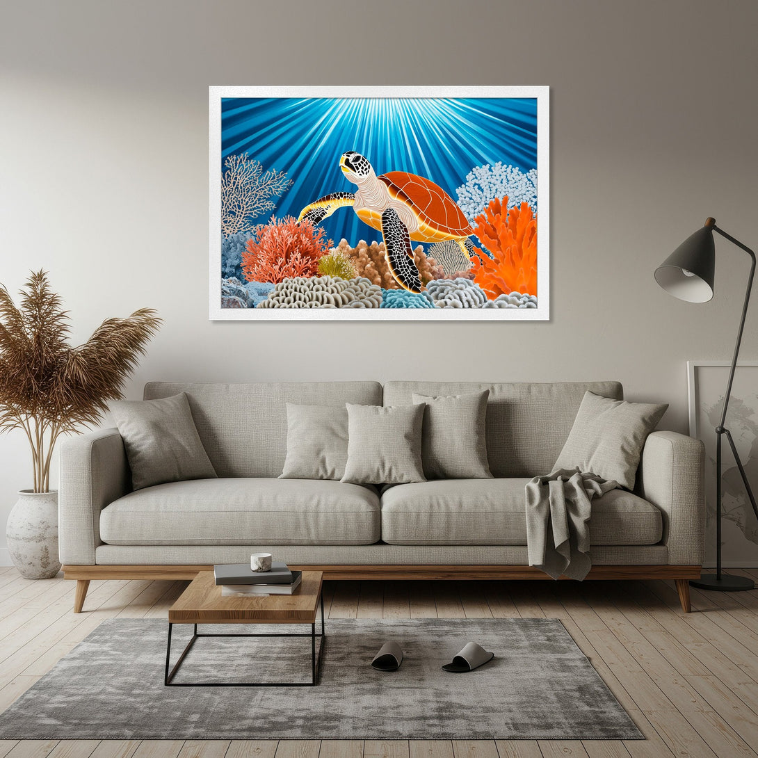 Framed Poster featuring a vibrant sea turtle in a coral reef scene. Bold, colorful art with a blue, orange, and white palette. Perfect wall decor!
