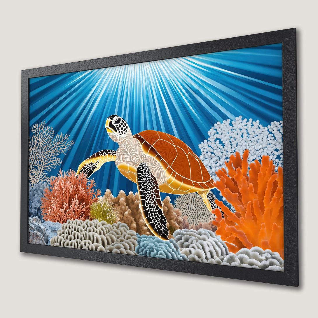 Framed Poster: Sea turtle art print in vibrant blue, orange, and coral tones. Perfect ocean decor for your home.