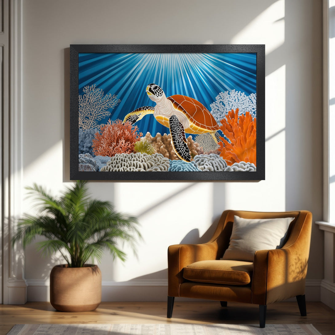 Framed Poster featuring a sea turtle in vibrant blue, orange, and white. Modern art style, perfect for coastal decor.