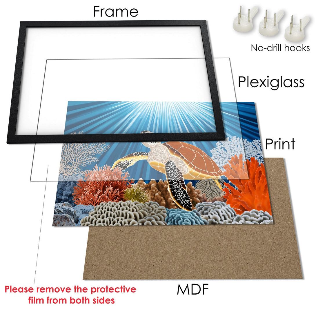 Framed Poster featuring a vibrant sea turtle and coral reef art. Stunning blues, oranges, and browns create a captivating underwater scene.