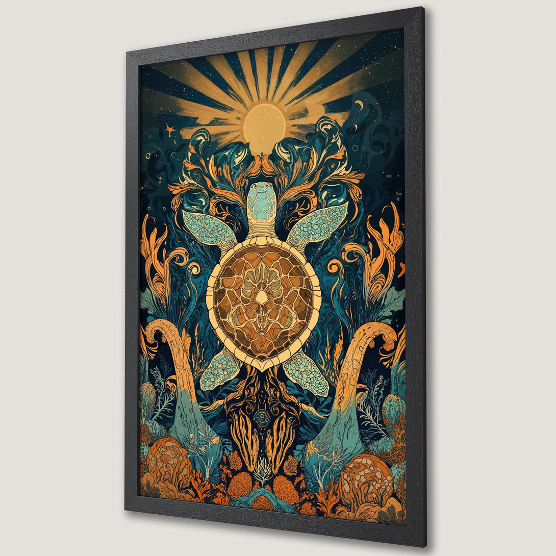 Framed Poster featuring a sea turtle, vibrant illustration style, with teal, gold, and navy color palette. Perfect wall art!