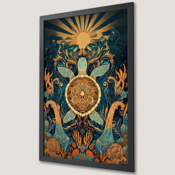 Framed Poster featuring a sea turtle, vibrant illustration style, with teal, gold, and navy color palette. Perfect wall art!