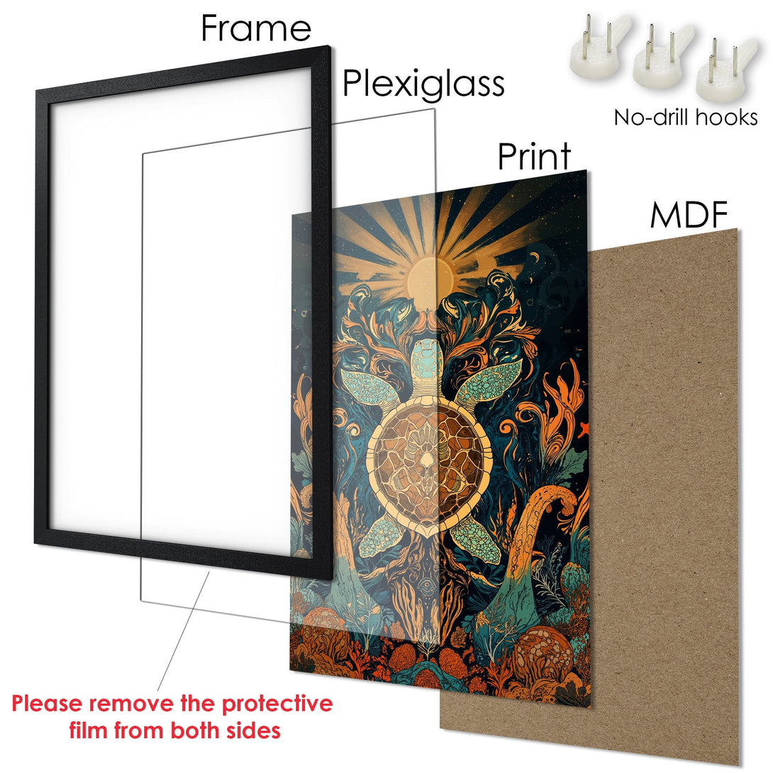 Framed Poster featuring a sea turtle artwork in a vibrant teal, orange, and gold color palette. Perfect wall art for your home!