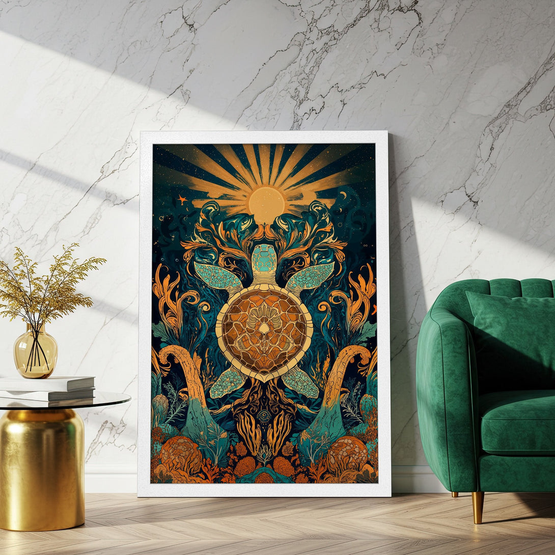 Framed Poster featuring a turtle in a vibrant, art nouveau style with teal, orange, and gold tones. Perfect wall art!