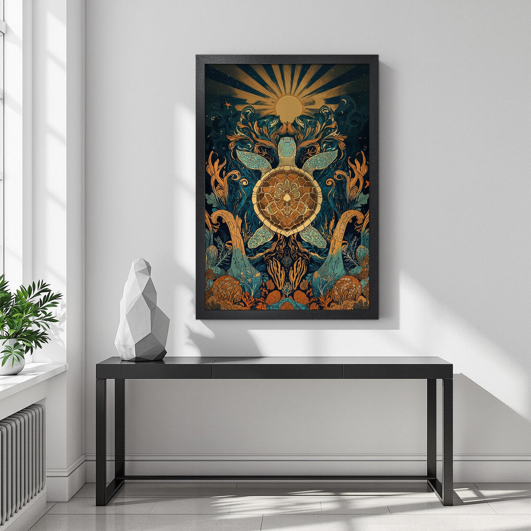 Framed Poster featuring a sea turtle illustration in teal, gold, and blue. Perfect wall art for a coastal or bohemian style home.