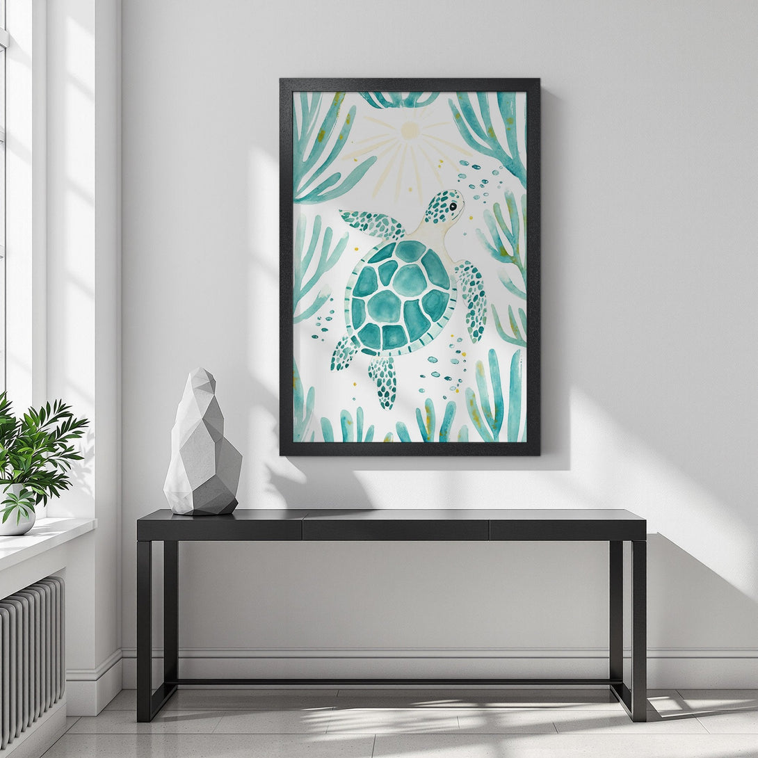 Framed Poster featuring a watercolor sea turtle. Coastal decor with a calming teal & yellow palette. Perfect for adding a touch of nature to your space.