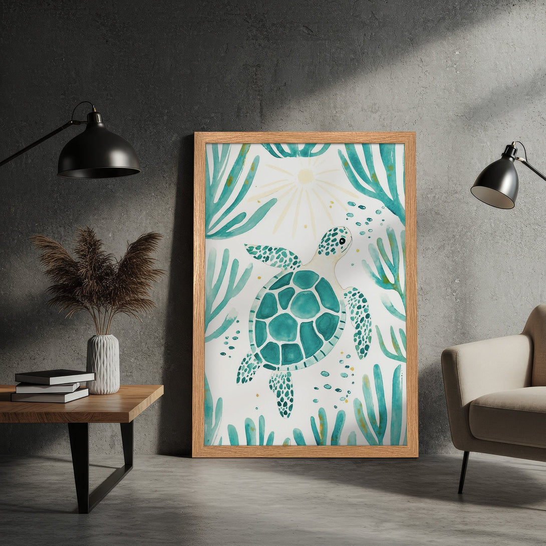 Framed Poster featuring a watercolor sea turtle in teal and turquoise. Coastal art print with a calming, nature-inspired aesthetic.
