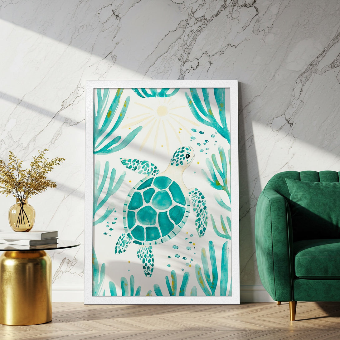 Framed Poster featuring a watercolor sea turtle. Coastal decor with teal, turquoise, and white color palette. Add a touch of ocean art to your home!