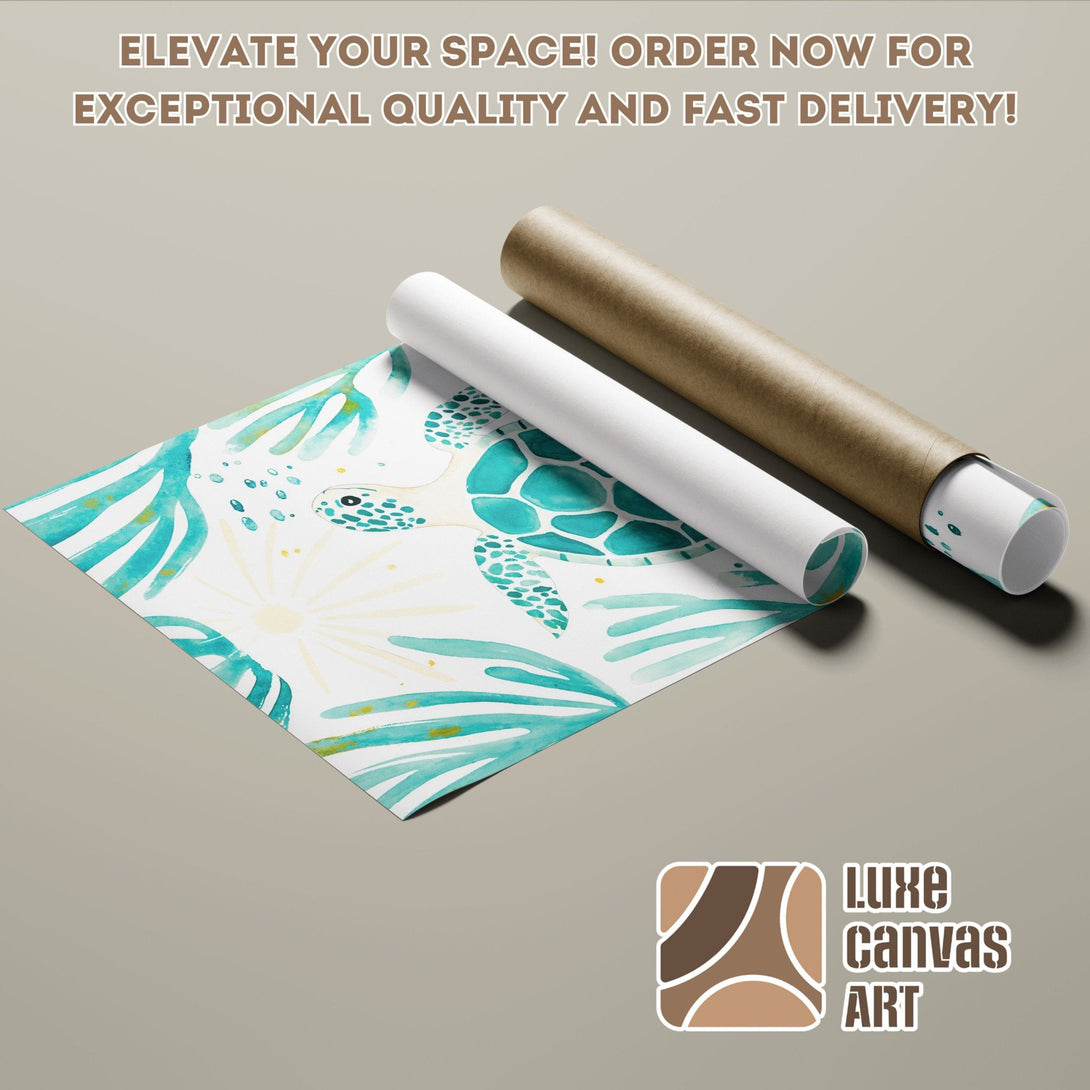 Watercolor sea turtle Poster Roll in turquoise and yellow. Elevate your space!