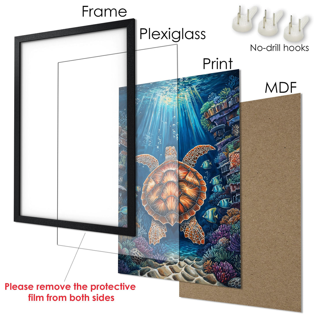 Framed Poster featuring a vibrant underwater scene with a sea turtle, in a blue and orange color palette. Perfect wall art!