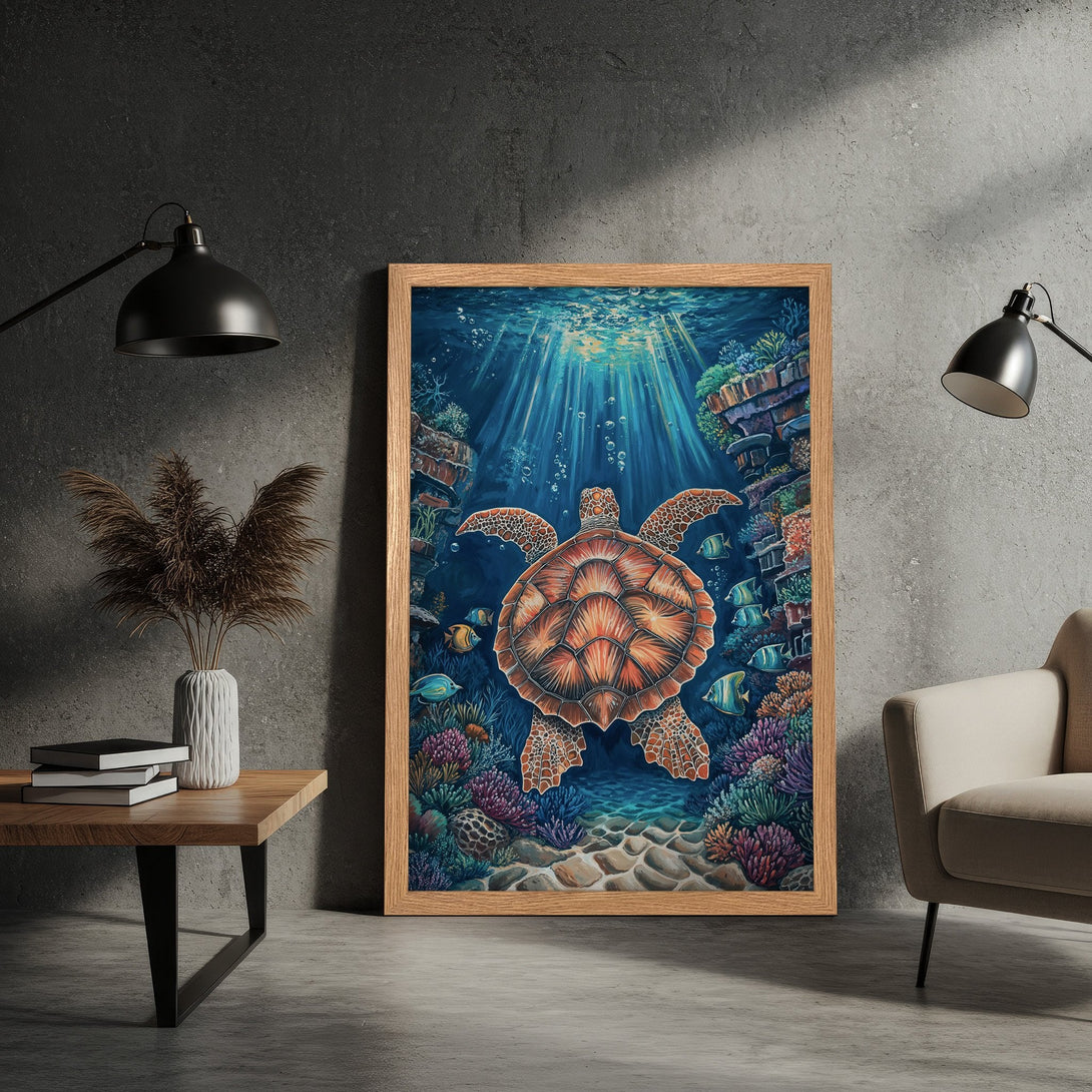 Framed Poster featuring a vibrant underwater scene with a sea turtle, coral, and fish. Beautiful blue, orange, and teal color palette. Perfect wall art!