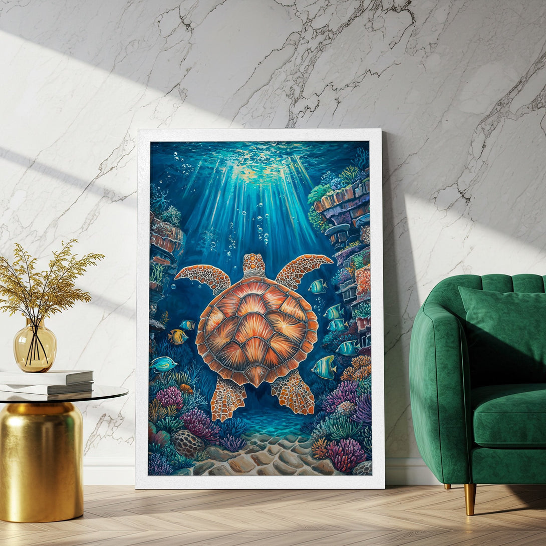 Framed Poster featuring a vibrant underwater scene with a sea turtle, in a colorful blue, orange, and green palette. Perfect wall art!