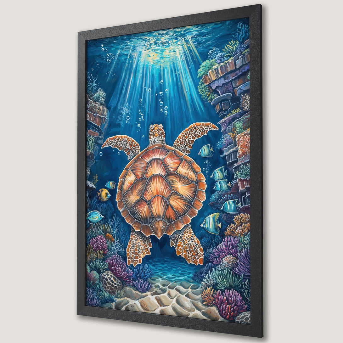 Framed Poster featuring a vibrant sea turtle illustration in a colorful underwater scene. Artistic style with blue, orange, and purple tones.