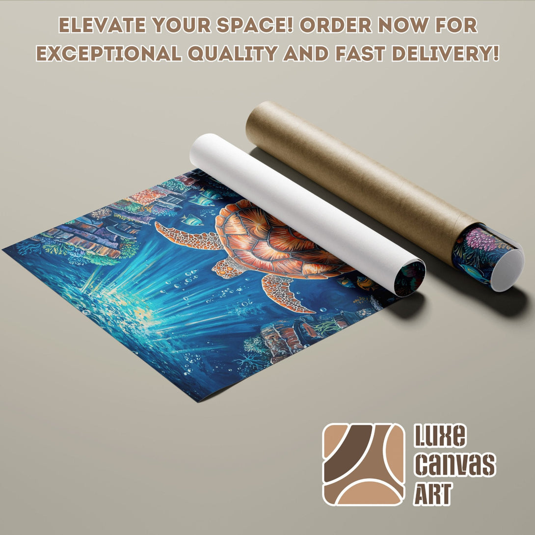 Poster Roll featuring a vibrant underwater scene with a sea turtle, in blue and orange tones.