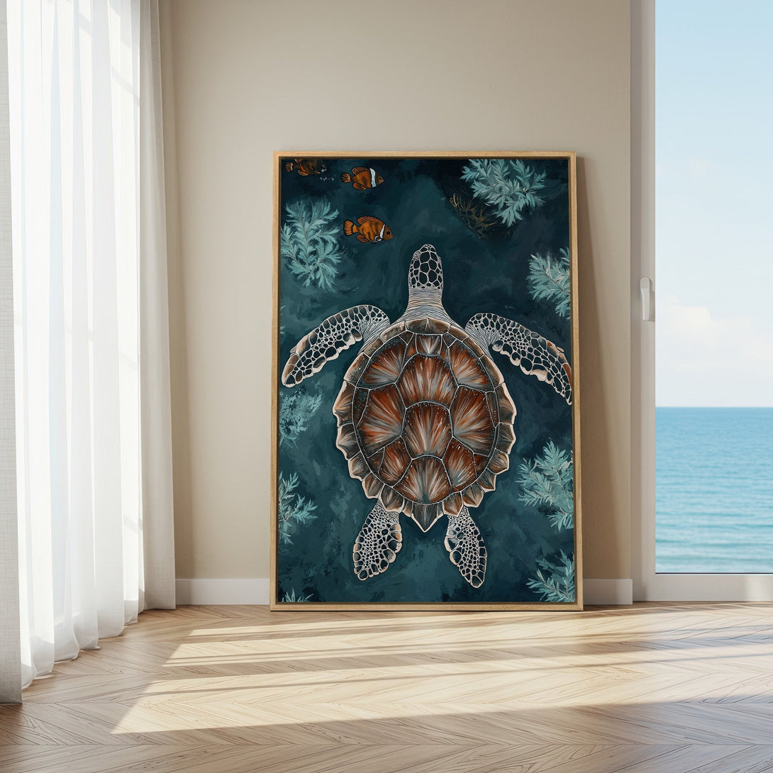 Framed Wall Art: Stunning sea turtle art in teal and brown tones. Coastal style Canvas Print adds a touch of nature to your home decor.