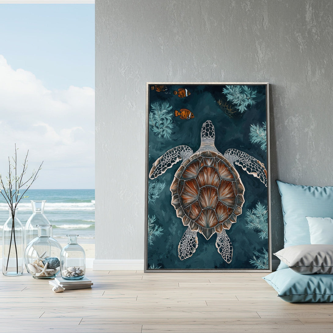 Framed Wall Art featuring a detailed sea turtle in a teal and brown color palette. Coastal decor perfect for any home.