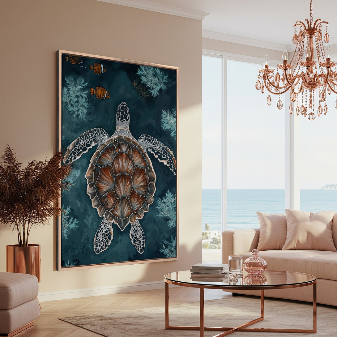 Framed Wall Art: Stunning sea turtle art print in teal and brown tones, perfect for coastal decor. Elevate your space with this captivating canvas print.