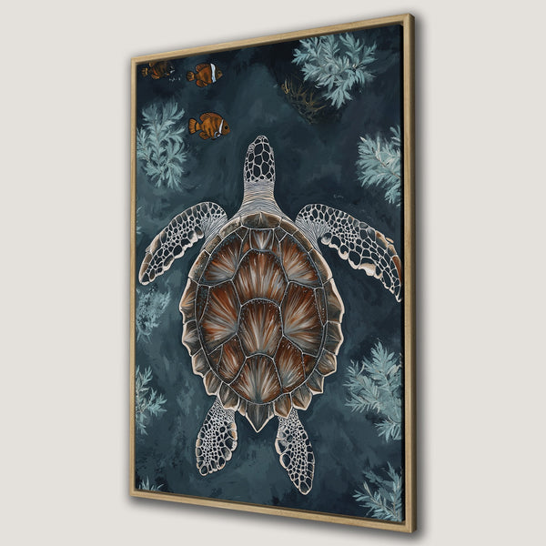Framed Wall Art featuring a watercolor sea turtle. Coastal style with a dark teal and brown color palette. Perfect for ocean decor.