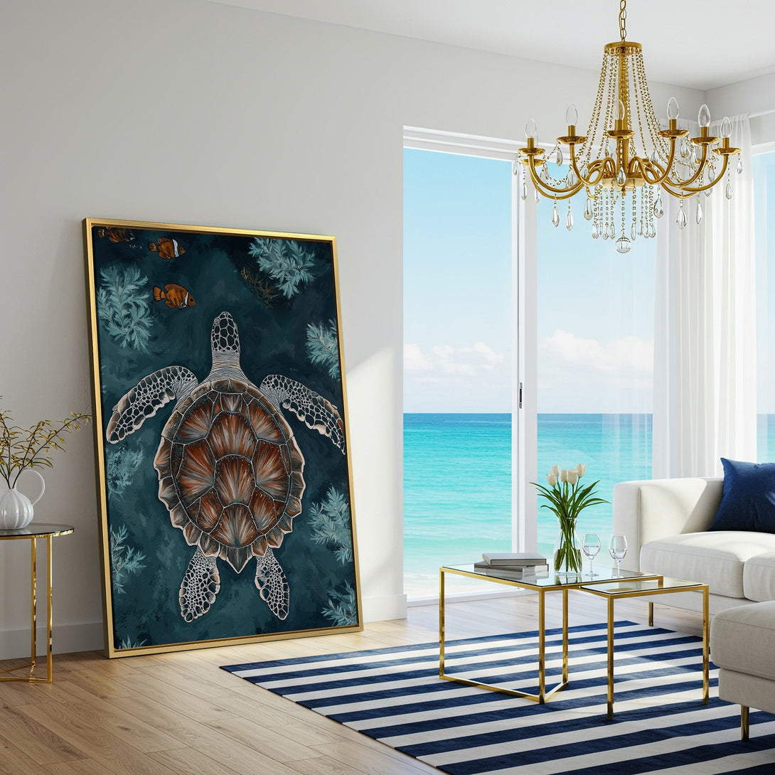 Canvas Print of a sea turtle in teal and brown tones, displayed in a modern living room. Coastal wall art for a serene home.