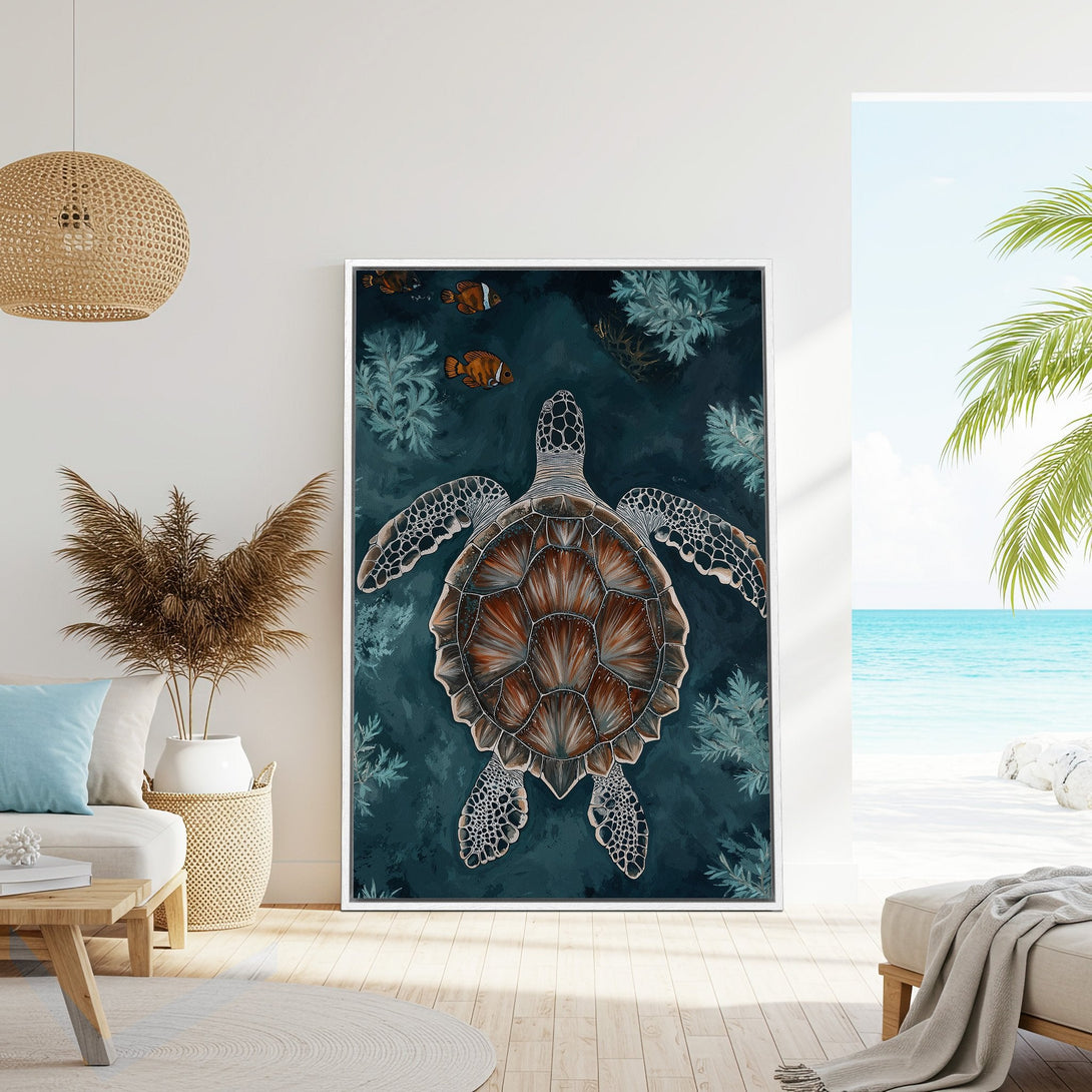 Framed Wall Art featuring a sea turtle in a deep teal and brown color palette. Coastal style canvas print perfect for a beach house or ocean-themed decor.